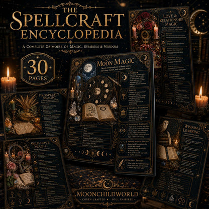 Midnight-blue and gold printable grimoire pages featuring mystical illustrations, lunar cycles, and spellcraft correspondences.