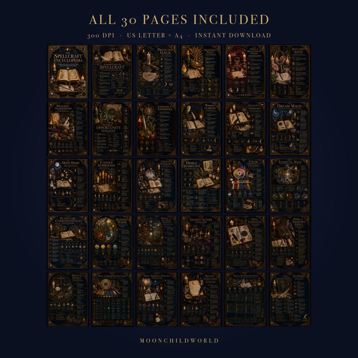 Thirty printable grimoire pages with ornate gold text and mystical illustrations on a deep midnight-blue background.