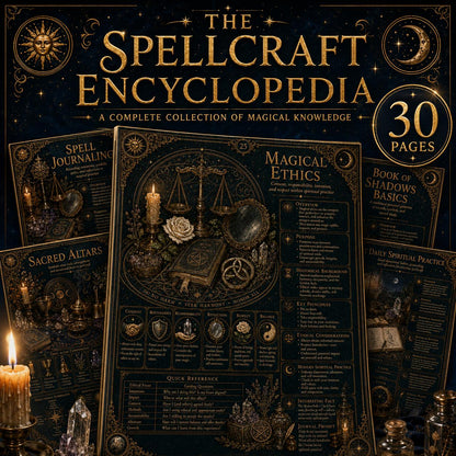 Midnight-blue and gold printable grimoire pages featuring ornate magical illustrations, spellcraft guides, and occult symbols.