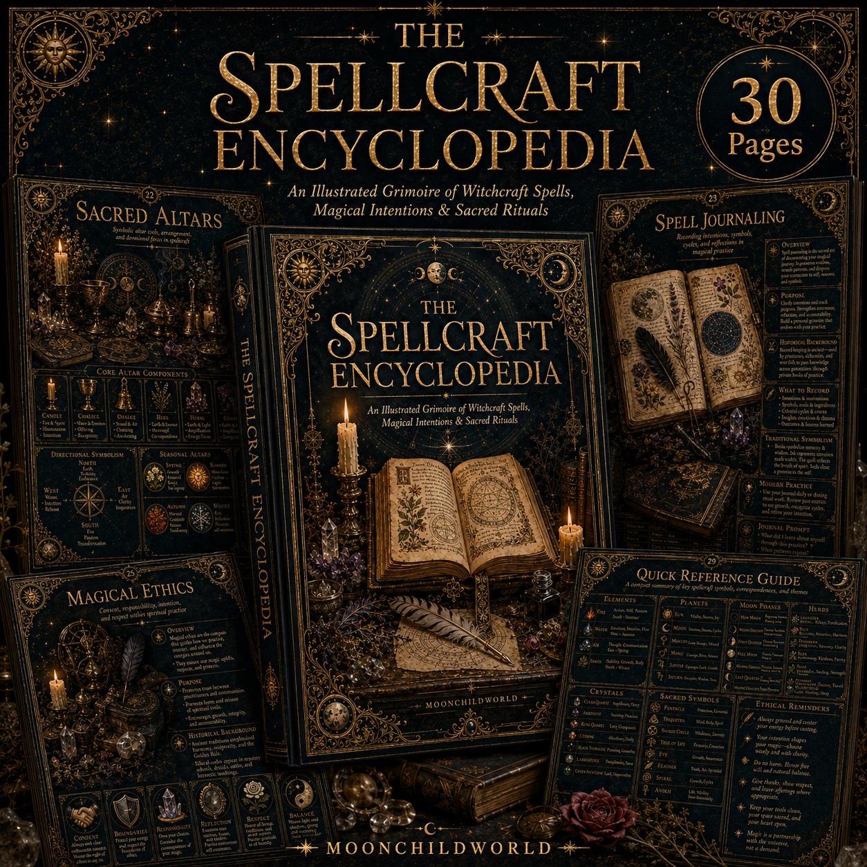 Midnight-blue and gold grimoire pages featuring ornate illustrations, spellcraft guides, and mystical symbols for a 30-page PDF set.