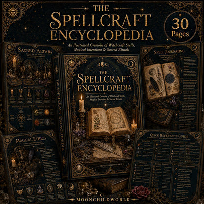 Midnight-blue and gold grimoire pages featuring ornate illustrations, spellcraft guides, and mystical symbols for a 30-page PDF set.