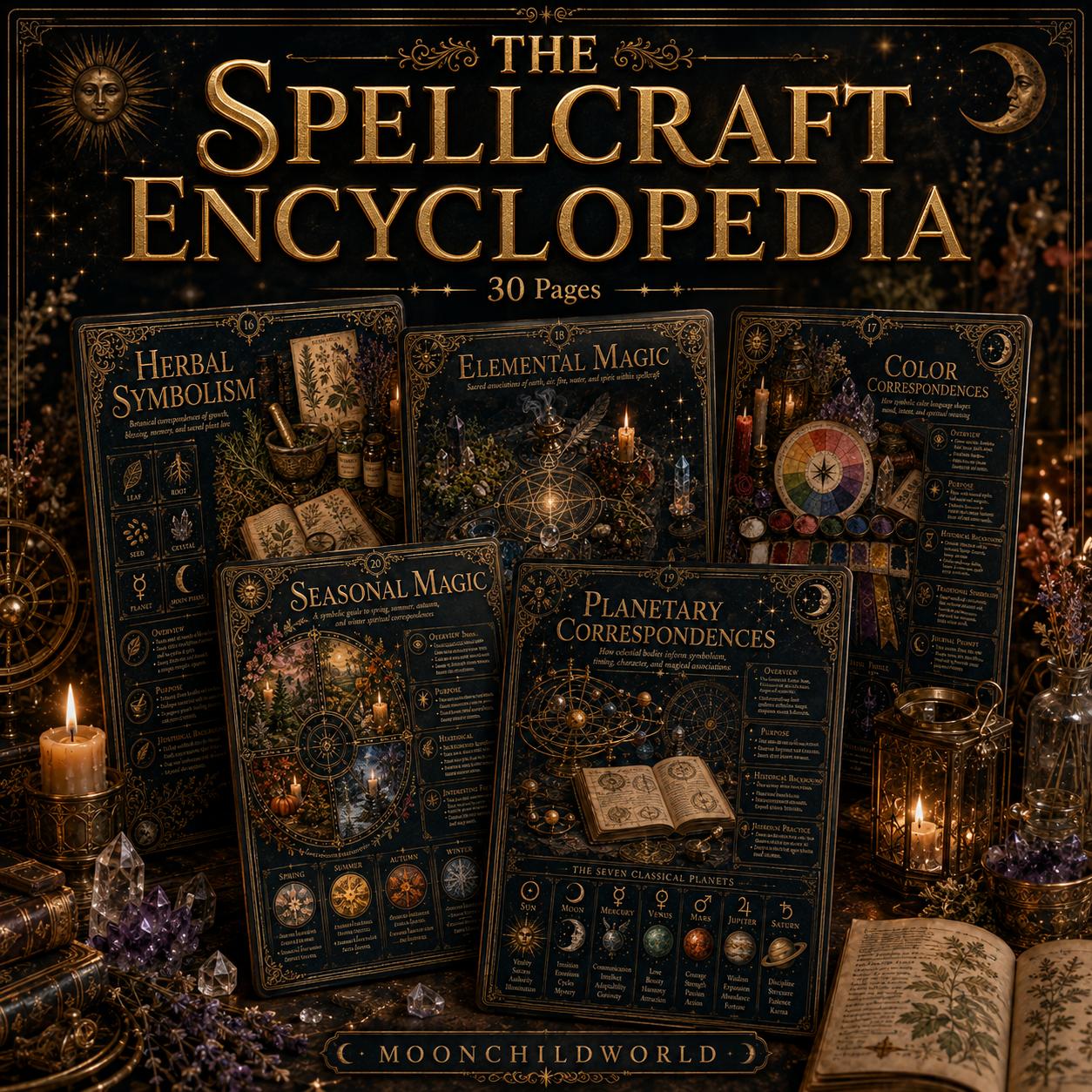 Ornate midnight-blue and gold printable grimoire pages featuring mystical illustrations, planetary charts, and herbal symbolism.