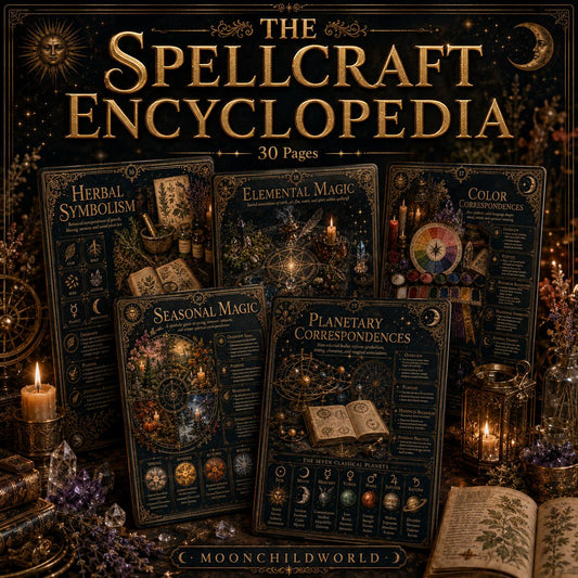 Ornate midnight-blue and gold printable grimoire pages featuring mystical illustrations, planetary charts, and herbal symbolism.