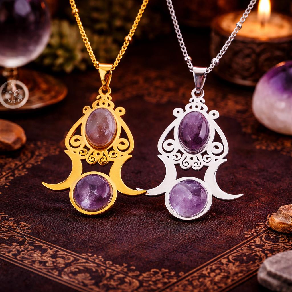 Witchcraft Triple Moon Amethyst Pendant Necklace Wiccan & Pagan Jewelry-MoonChildWorld