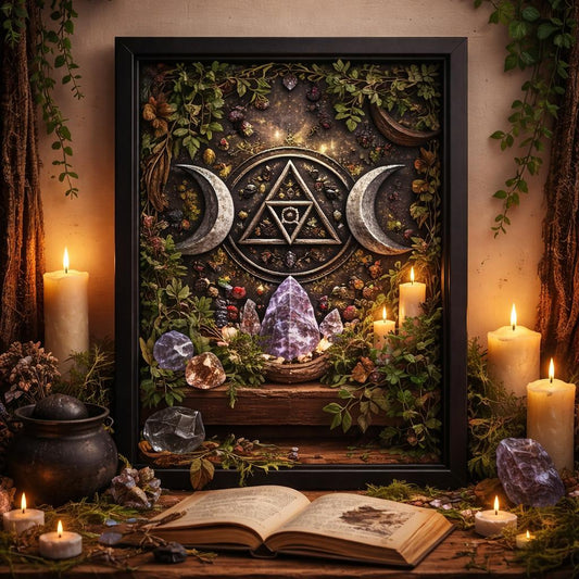 Black framed Triple Moon canvas art with crystals, berries, and foliage, surrounded by candles.