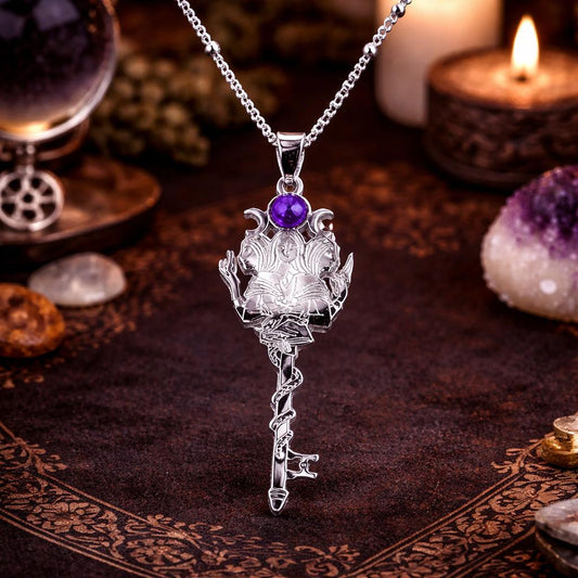 Witchcraft Triple Moon Goddess Key Shape - Amethyst Hekate Snake Pendant Necklace Hecate Jewelry-MoonChildWorld