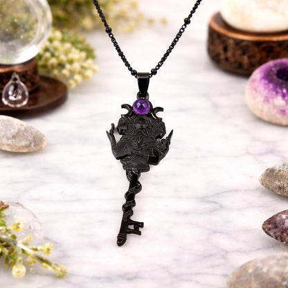 Witchcraft Triple Moon Goddess Key Shape - Amethyst Hekate Snake Pendant Necklace Hecate Jewelry-MoonChildWorld