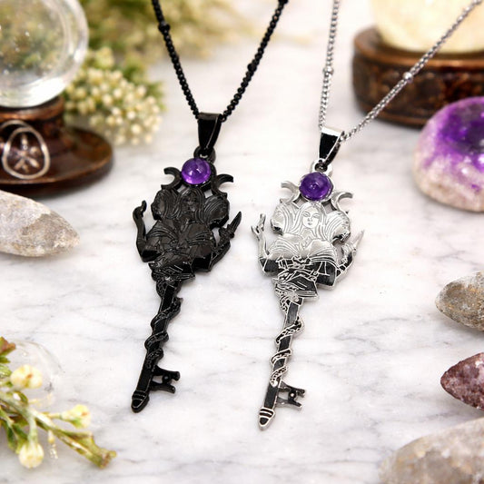 Witchcraft Triple Moon Goddess Key Shape - Amethyst Hekate Snake Pendant Necklace Hecate Jewelry-MoonChildWorld