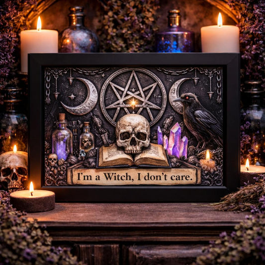 Witchcraft Triple Moon & Gothic Skull Raven Black Framed Art Print - Halloween Canvas Wall Art for Witchy Decor-MoonChildWorld