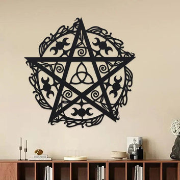 Witchcraft Triple Moon Pentacle Wall Art Wicca Metal Sign Pagan Decor-MoonChildWorld