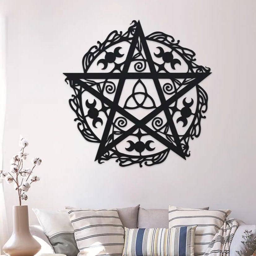Witchcraft Triple Moon Pentacle Wall Art Wicca Metal Sign Pagan Decor-MoonChildWorld