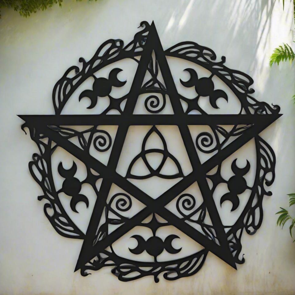 Witchcraft Triple Moon Pentacle Wall Art Wicca Metal Sign Pagan Decor-MoonChildWorld