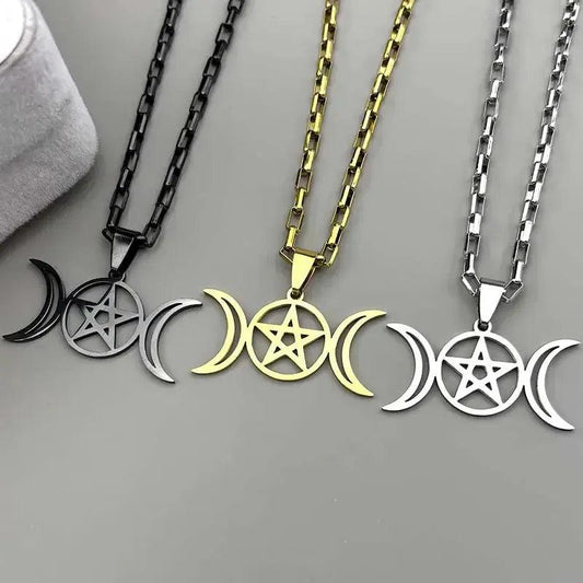 Witchcraft Triple Moon Pentagram Necklace Wicca Jewelry-MoonChildWorld