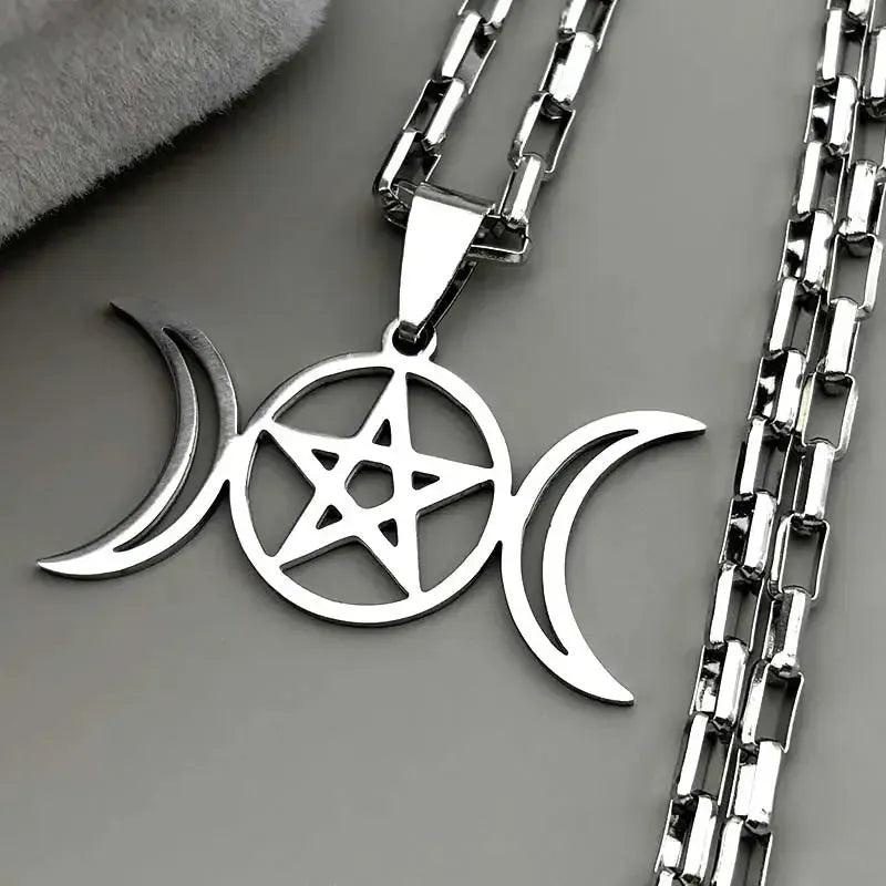 Witchcraft Triple Moon Pentagram Necklace Wicca Jewelry-MoonChildWorld