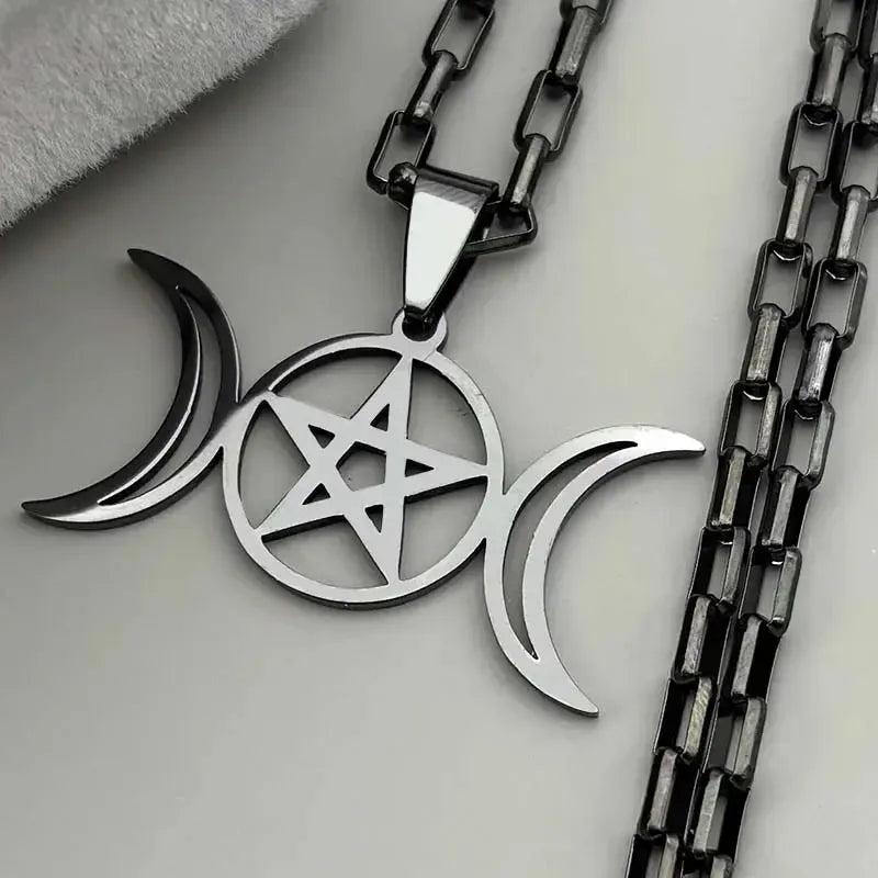 Witchcraft Triple Moon Pentagram Necklace Wicca Jewelry-MoonChildWorld
