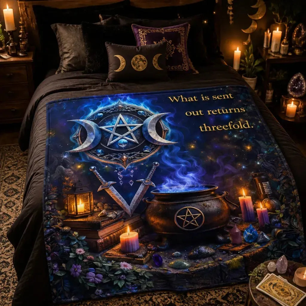 Witchcraft Triple Moon & Pentagram Pagan Blanket - Wiccan Symbols Witchy Blanket_mockup_1.webp