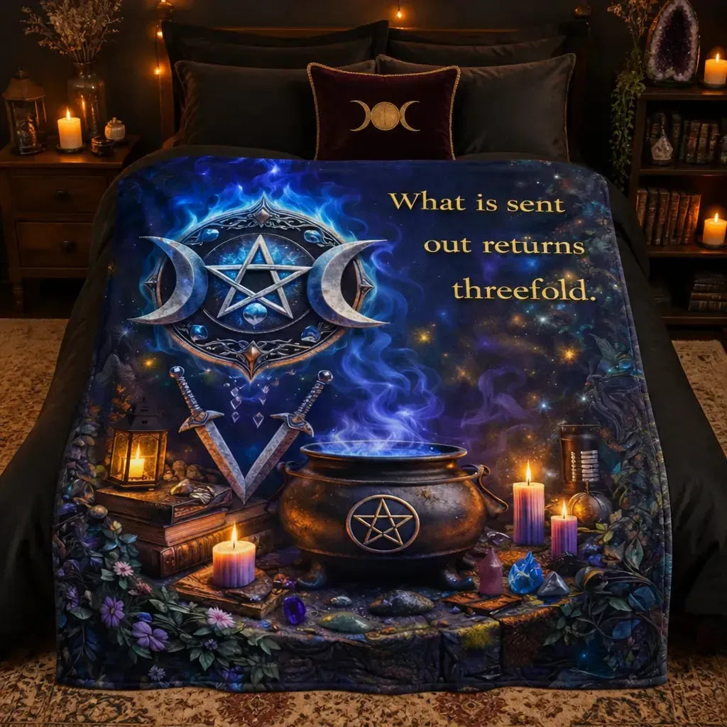 Witchcraft Triple Moon & Pentagram Pagan Blanket - Wiccan Symbols Witchy Blanket_mockup_2.webp