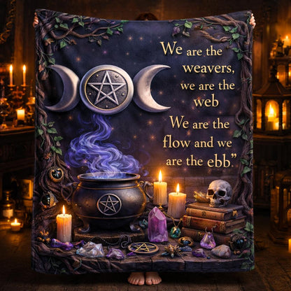 Dark Wiccan blanket with Triple Moon, Pentagram, cauldron, candles, and "We are the weavers" quote.
