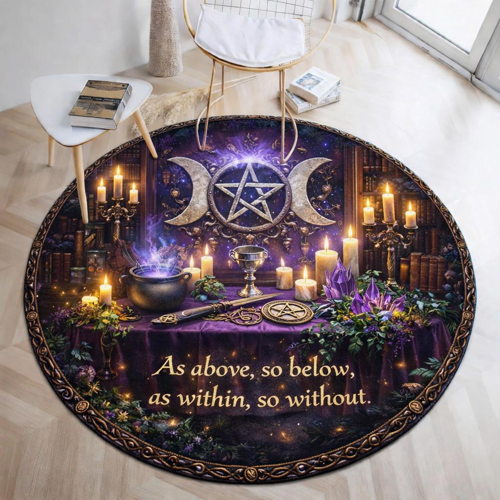 Round Wiccan rug with Triple Moon, Pentacle, candles, and "As above, so below" text on a purple altar.