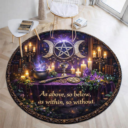 Round Wiccan rug with Triple Moon, Pentacle, candles, and "As above, so below" text on a purple altar.