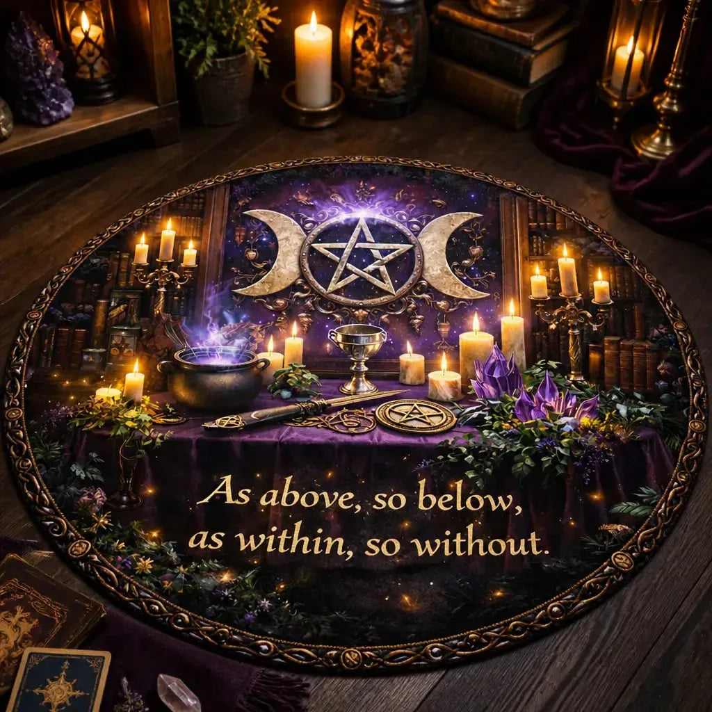 Witchcraft Triple Moon Wiccan Round Rug As Above So Below Pagan Carpet for Halloween Home Decor_mockup_3.webp