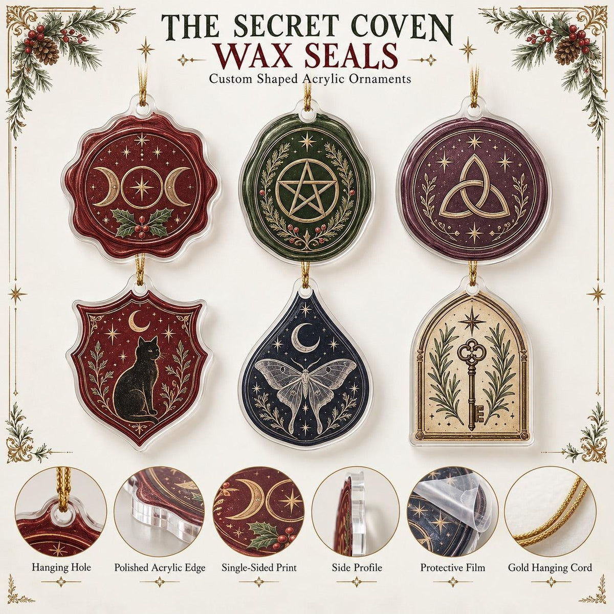 Witchcraft Wax Seal Acrylic Ornament Set – Pentacle Triquetra Yule Decor – ornament size and details