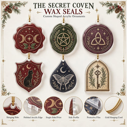 Witchcraft Wax Seal Acrylic Ornament Set – Pentacle Triquetra Yule Decor – ornament size and details
