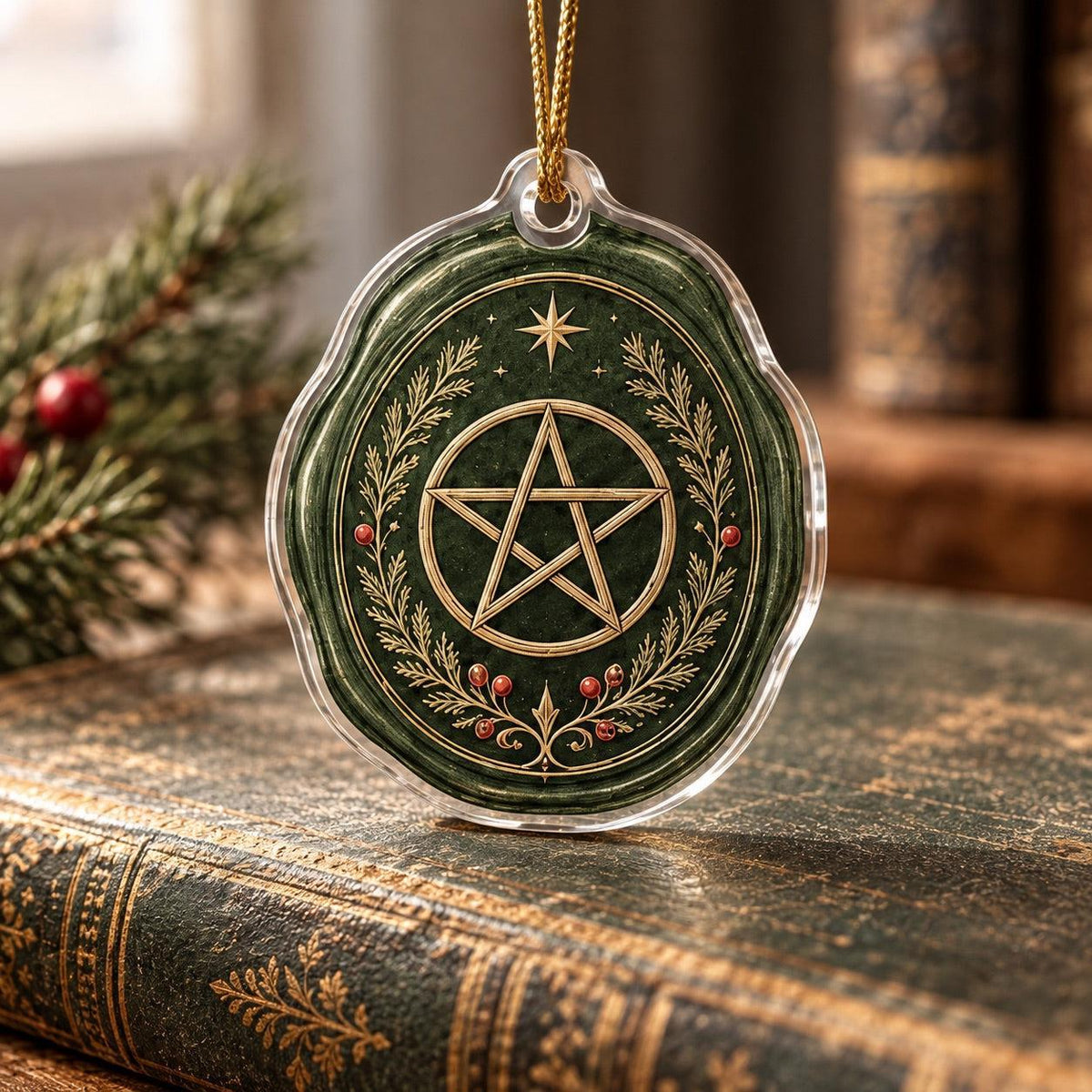Witchcraft Wax Seal Acrylic Ornament Set – Pentacle Triquetra Yule Decor – Pentacle Seal ornament