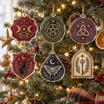 Witchcraft Wax Seal Acrylic Ornament Set – Pentacle Triquetra Yule Decor – set of 6 acrylic ornaments