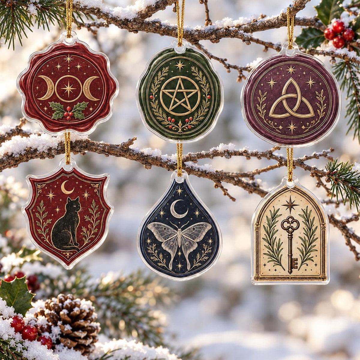 Witchcraft Wax Seal Acrylic Ornament Set – Pentacle Triquetra Yule Decor – set of 6, another view