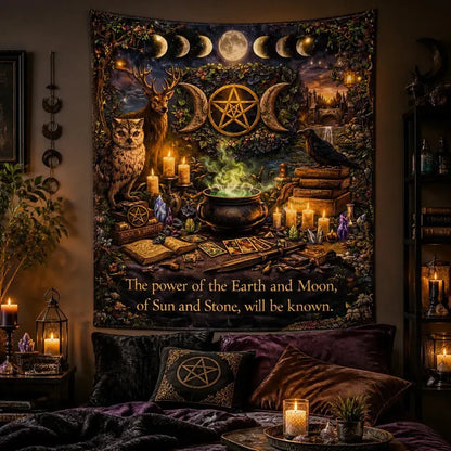 Witchcraft & Wicca Tapestry with Celestial Elements, Animals & Mystical Symbols_mockup_1.webp