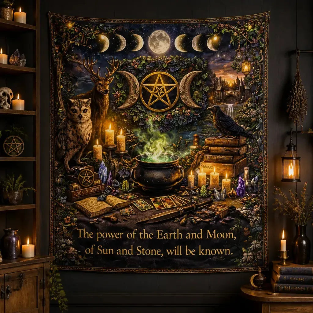 Witchcraft & Wicca Tapestry with Celestial Elements, Animals & Mystical Symbols_mockup_2.webp