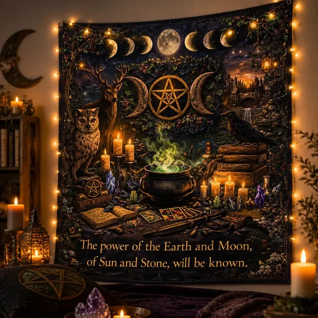 Witchcraft & Wicca Tapestry with Celestial Elements, Animals & Mystical Symbols_mockup_3.webp