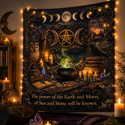 Witchcraft & Wicca Tapestry with Celestial Elements, Animals & Mystical Symbols_mockup_3.webp
