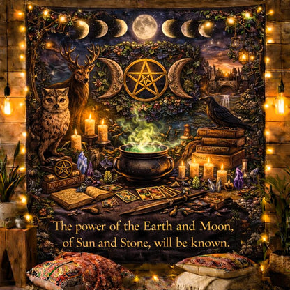 Mystical Wicca tapestry with celestial moon phases, pentagram, owl, deer, raven, cauldron, and candles.