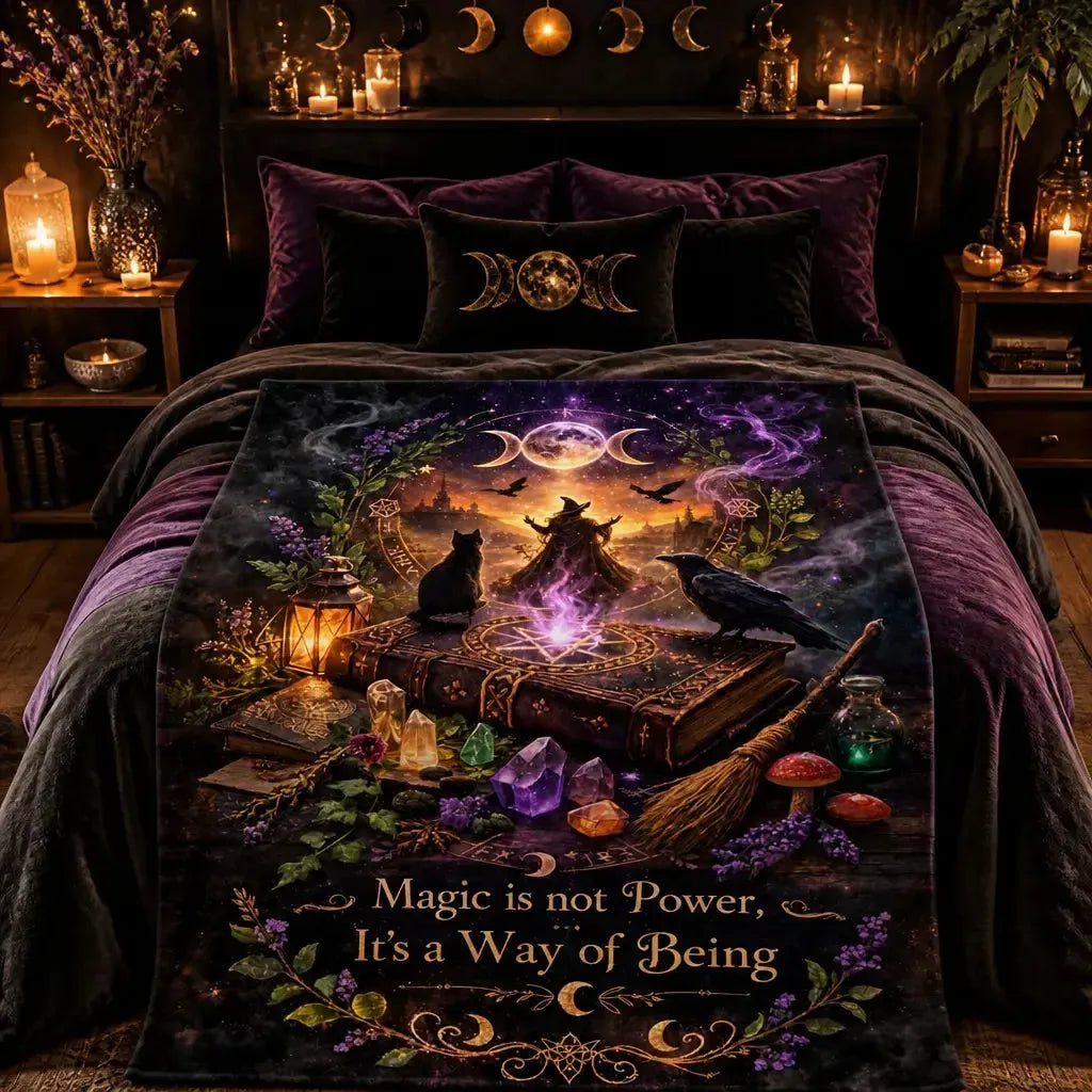 Witchcraft-themed Blanket with Mystical Symbols - Gothic Blanket for Wiccan & Witch Home Decor_mockup_1.webp
