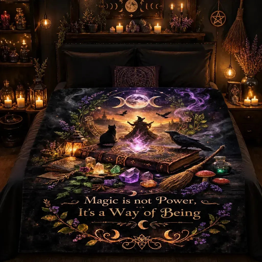 Witchcraft-themed Blanket with Mystical Symbols - Gothic Blanket for Wiccan & Witch Home Decor_mockup_2.webp