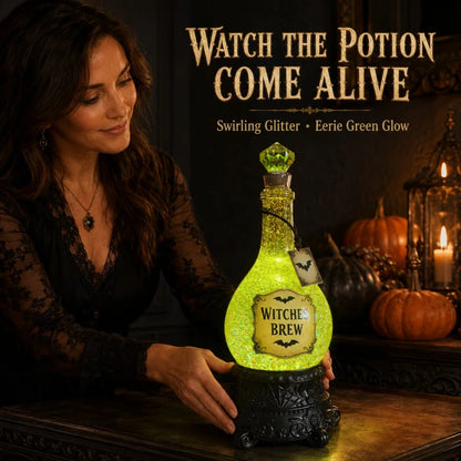 Potion bottle decor lit on a shelf beside books