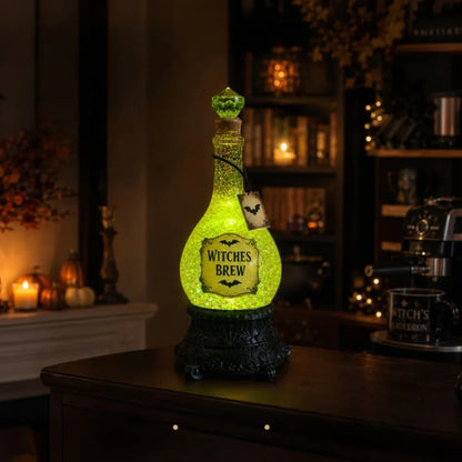 Glitter potion bottle glowing in a darkened room