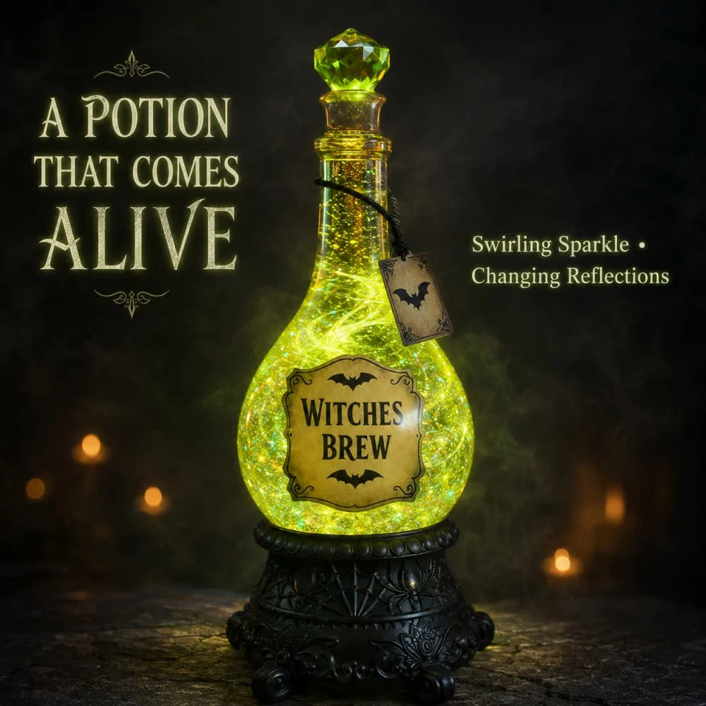 Witches' brew potion bottle glitter globe with inner glow