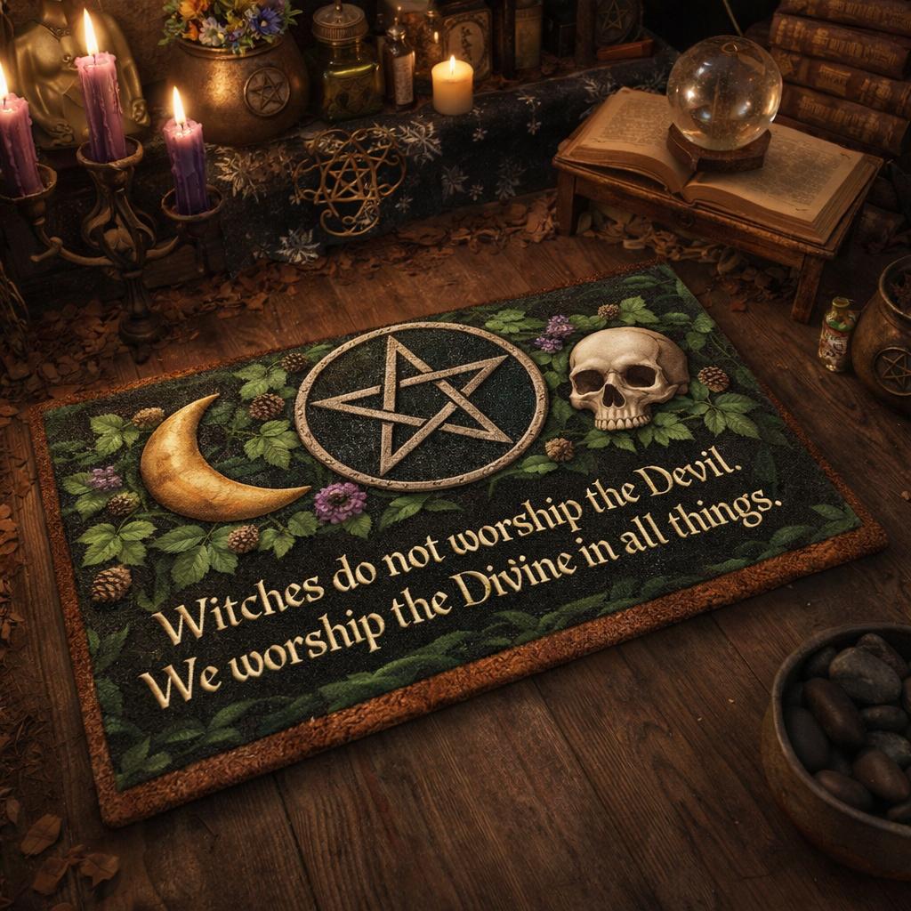 Green Wicca doormat with a gold pentacle, crescent moon, skull, and "Witches worship the Divine" text.
