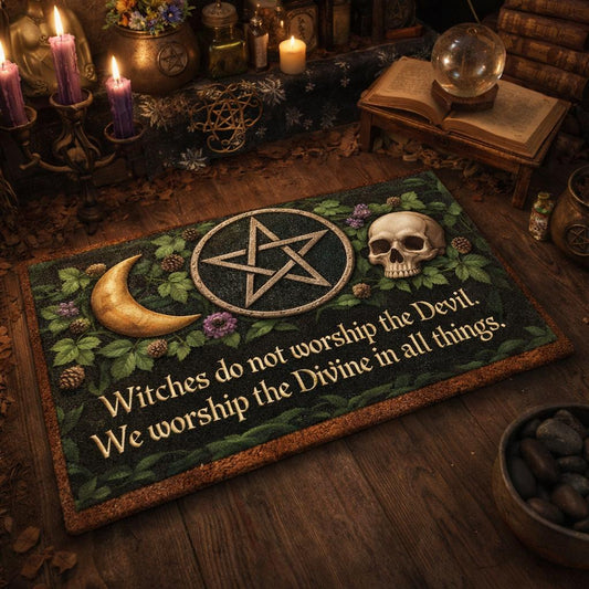 Green Wicca doormat with a gold pentacle, crescent moon, skull, and "Witches worship the Divine" text.