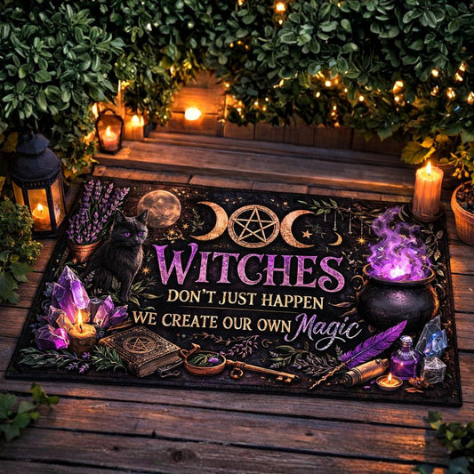 Black doormat with "Witches Don't Just Happen, We Create Our Own Magic" in purple, featuring a black cat, cauldron, triple moon, and crystals.