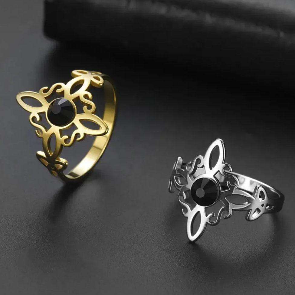 Witches Knot Ring Obsidian Celtic Trinity Knot Ring Pagan Wicca Cross Witchcraft Jewelry-MoonChildWorld