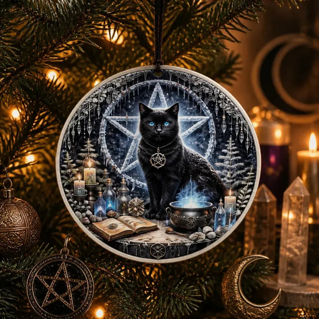 Witch’s Familiar Black Cat Wicca Yule Ceramic Ornament with Pentacle – Gothic Holiday Decor_mockup_1.webp