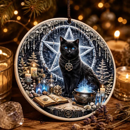 Witch’s Familiar Black Cat Wicca Yule Ceramic Ornament with Pentacle – Gothic Holiday Decor_mockup_2.webp