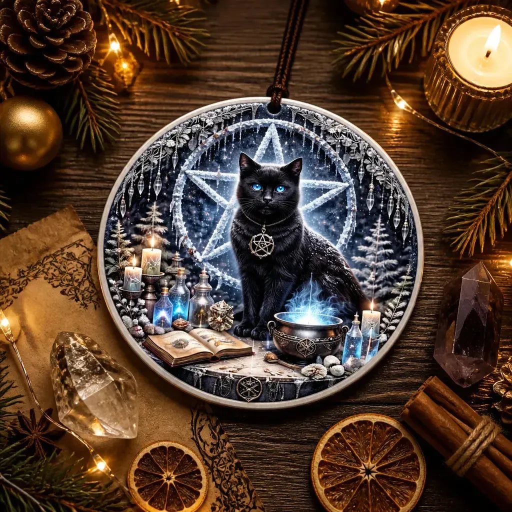 Witch’s Familiar Black Cat Wicca Yule Ceramic Ornament with Pentacle – Gothic Holiday Decor_mockup_3.webp