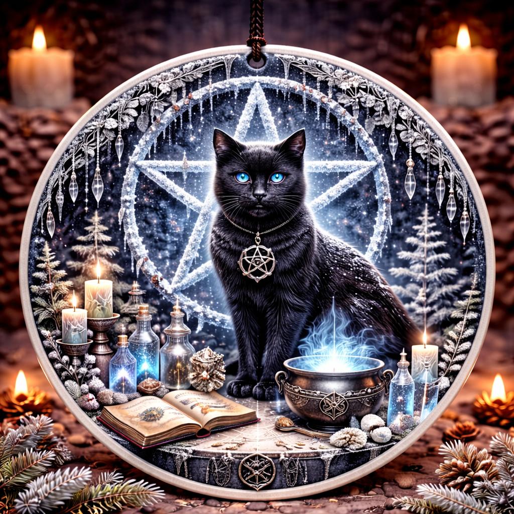 Witch’s Familiar Black Cat Wicca Yule Ceramic Ornament with Pentacle – Gothic Holiday Decor-MoonChildWorld
