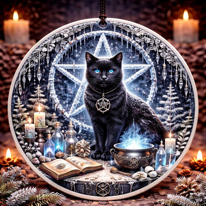 Black ceramic ornament with a black cat, blue eyes, pentacle necklace, and glowing pentagram.