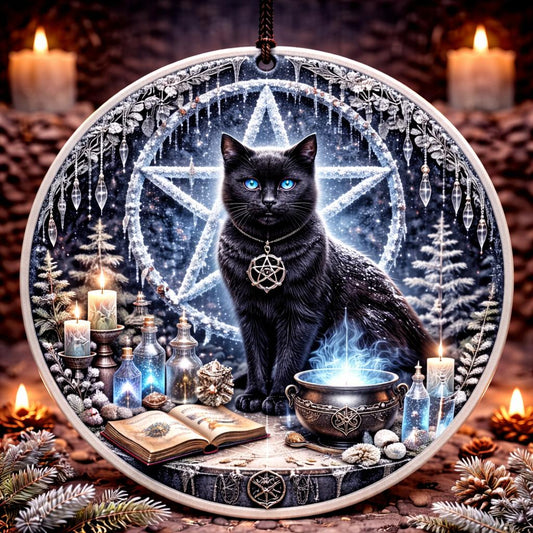 Witch’s Familiar Black Cat Wicca Yule Ceramic Ornament with Pentacle – Gothic Holiday Decor-MoonChildWorld